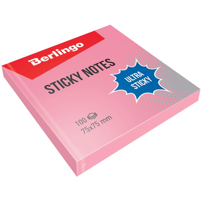 Самоклеящийся блок Berlingo "Ultra Sticky", 75*75мм, 100л, пастель, розовый - фото 233156