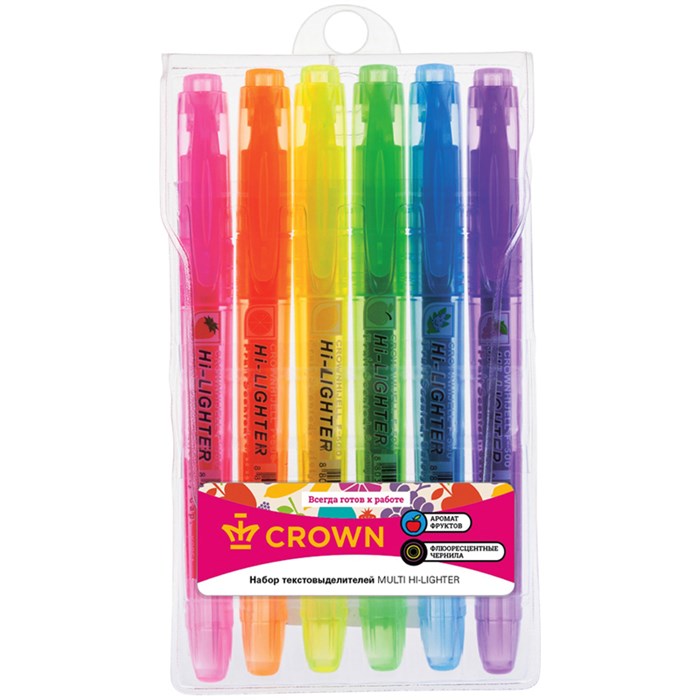 Набор текстовыделителей Crown "Multi Hi-Lighter Aroma" 06цв., 1-4мм, ароматиз., чехол с европодвесом - фото 237519