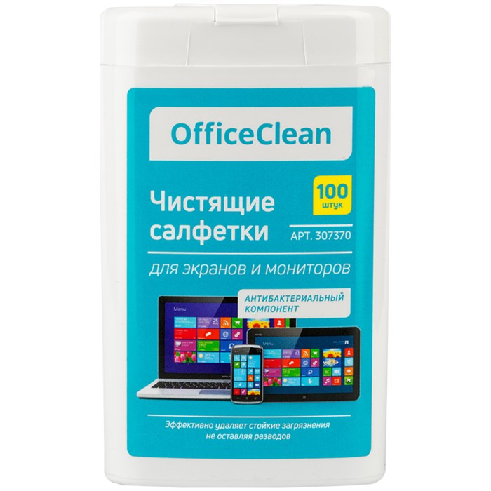 Влажные портативные чистящие салфетки OfficeClean для экранов и мониторов, 100шт. (малая плоская туб - фото 248978