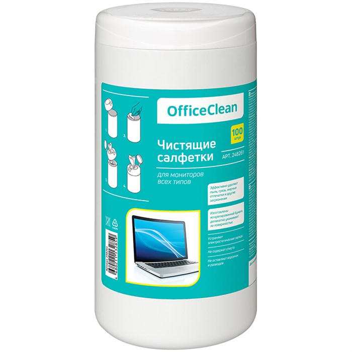 Салфетки OfficeClean 100 шт. чистящие влажные для мониторов всех типов - фото 249538
