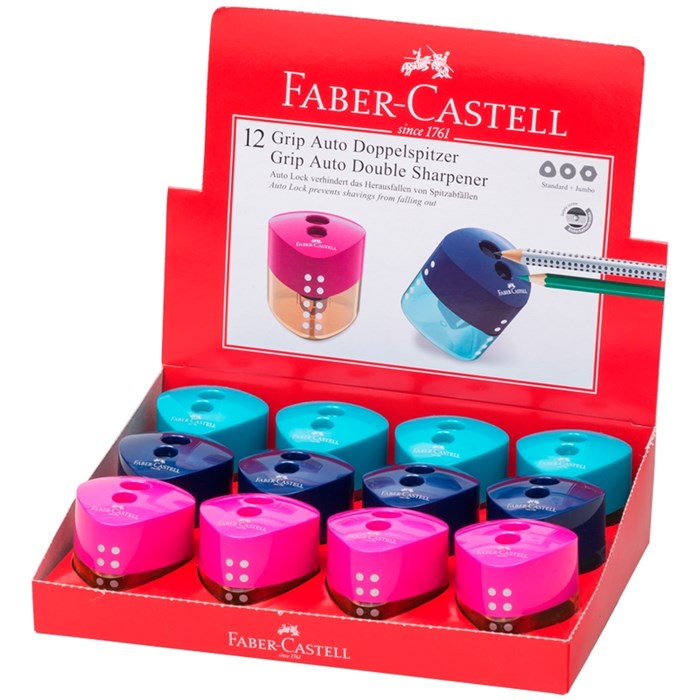 Точилка пластиковая Faber-Castell "Grip Auto Mini", 2 отверстия, контейнер, розов./оранж., бирюзов. - фото 250146