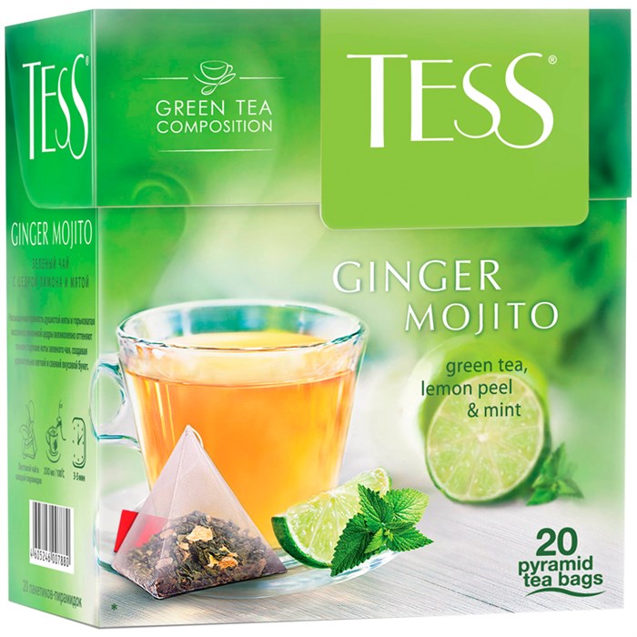 Чай Tess "Ginger Mojito", зеленый, цитрус, имбирь, мята, 20 пакетиков-пирмидок по 1,8г - фото 253750