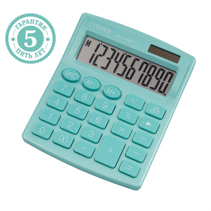 Калькулятор настольный Citizen SDC-810NRGNE, 10 разрядов, двойное питание, 102*124*25мм, бирюзовый - фото 275063