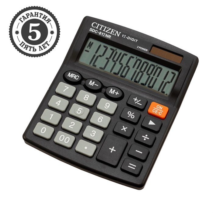 Калькулятор настольный Citizen SDC-812NR, 12 разрядов, двойное питание, 102*124*25мм, черный - фото 275099