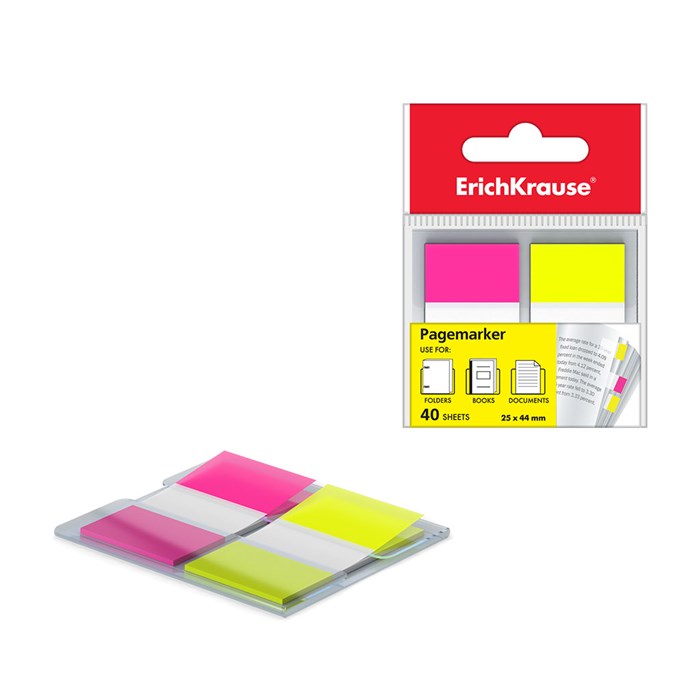 Закладки пластиковые c клеевым краем ErichKrause Neon, 25х44 мм, 40 листов, 2 цвета: желтый, розовый - фото 314344