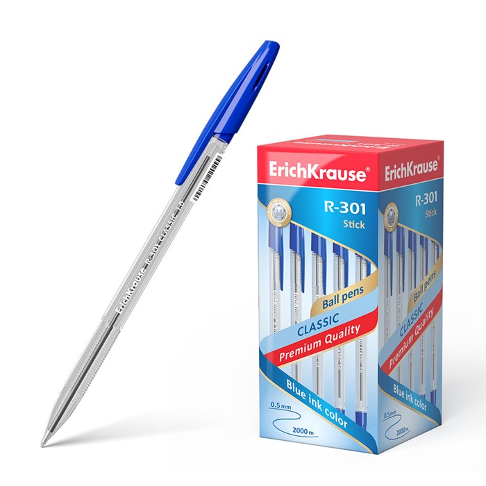 Ручка шариковая ErichKrause R-301 Stick Classic 1.0, цвет чернил синий (в коробке по 50 шт.) - фото 322702