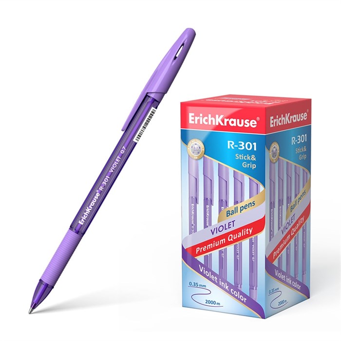 Ручка шариковая ErichKrause R-301 Stick&Grip Violet 0.7, цвет чернил фиолетовый (в коробке по 50 шт. - фото 322878