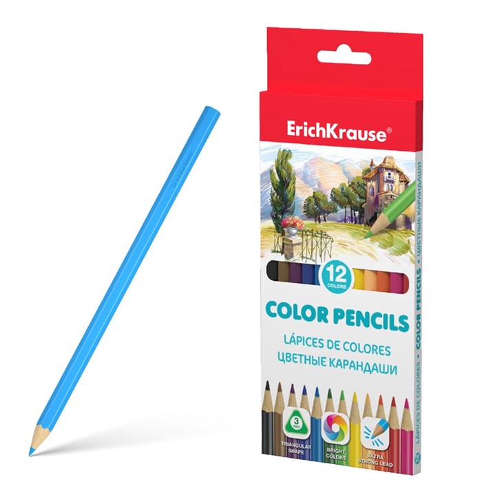 Цветные карандаши деревянные ErichKrause трехгранные, грифель 3 мм, 12 цветов (в коробке с европодве - фото 332041