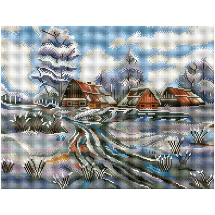 Алмазная мозаика ТРИ СОВЫ "Зима в деревне", 40*50см, холст на деревянном подрамнике, картонная короб - фото 352630