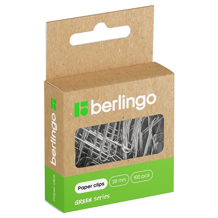 Скрепки 28мм, Berlingo "Green Series", 100шт., никелированные, крафт упак., европодвес - фото 359754