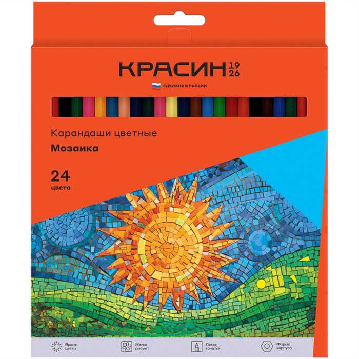 Карандаши цветные Красин "Мозаика", 24цв., шестигран., заточен., картон, европодвес - фото 370299