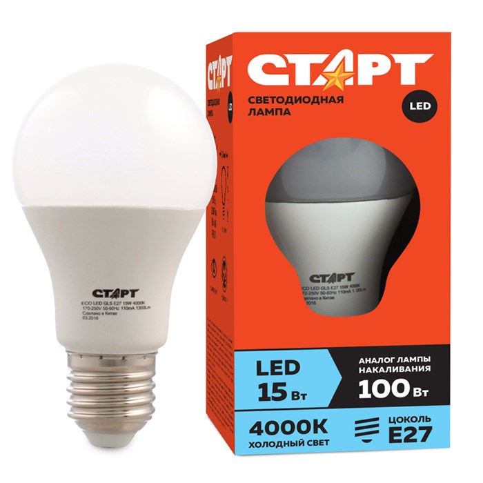Лампа светодиодная Старт LED, серия "ЭКО" 15W40, тип А "груша" E27, 4000К, холодный свет, 15000ч - фото 376326