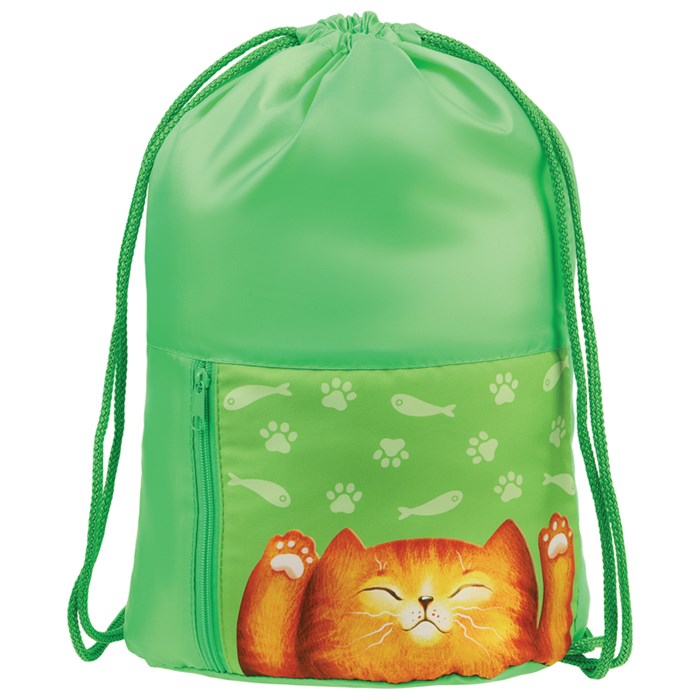 Мешок для обуви 1 отделение Мульти-Пульти "Lazy Cat", 340*420мм, карман на молнии, зеленый - фото 385868