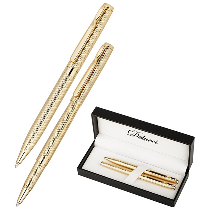 Набор Delucci "Celeste": ручка шарик., 1мм и ручка-роллер, 0,6мм, синие, корпус золото, подар.уп. - фото 387145