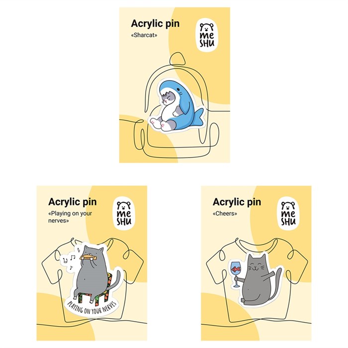 Набор акриловых значков MESHU "Gray cats", прямая УФ-печать, 3шт. - фото 387209