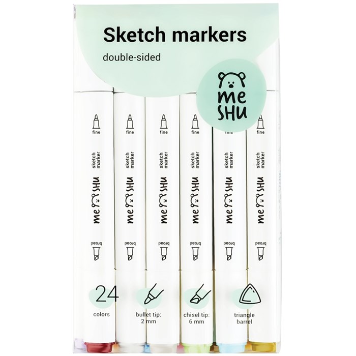 Набор двусторонних маркеров для скетчинга MESHU 24цв., пастельные цвета, корпус трехгранный, пулевид - фото 387565