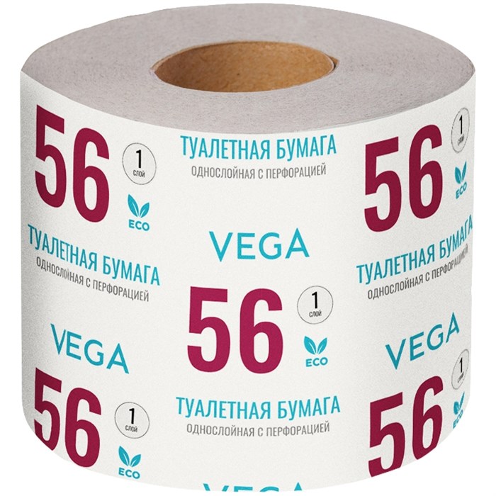 Бумага туалетная Vega, 1-слойная, 56м/рул., на втулке, с перф., серая - фото 398670