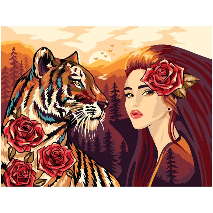 Картина по номерам на картоне ТРИ СОВЫ "Девушка с тигром", 30*40, с акриловыми красками и кистями - фото 406560