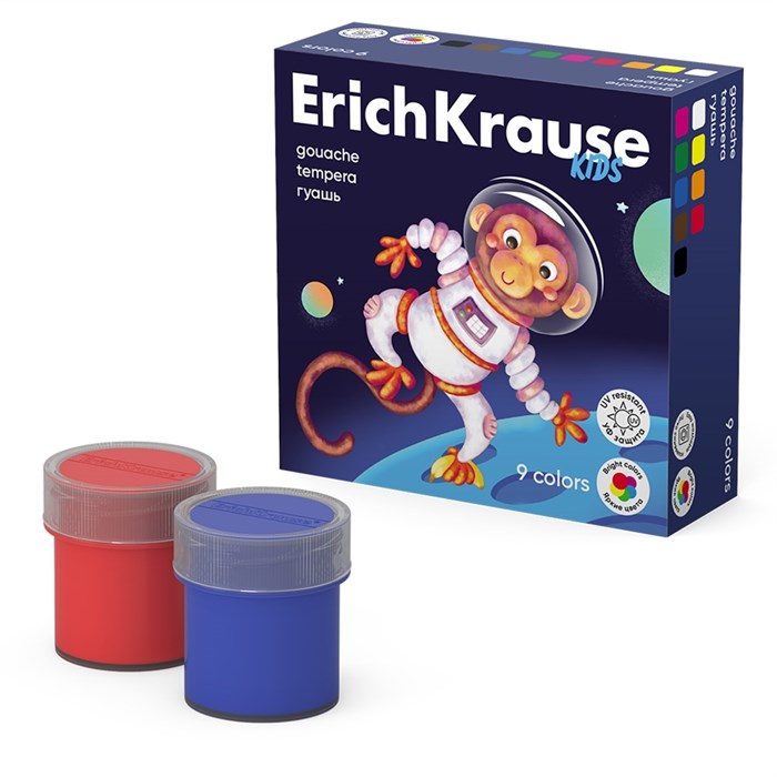 Гуашь ErichKrause Kids Space Animals с УФ защитой яркости 9 цветов по 20 мл (в коробке 9 шт) - фото 449489
