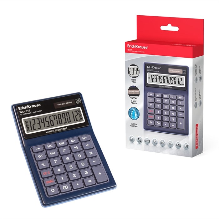 Калькулятор настольный 12-разрядов ErichKrause WC-612 Classic,  водонепроницаемый, синий (в коробке по 1 шт.) - фото 450085