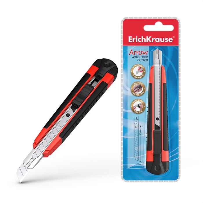 Нож канцелярский ErichKrause Arrow, с автоматической фиксацией лезвия, 9мм, красный (в пластиковом блистере по 1 шт.) - фото 454246