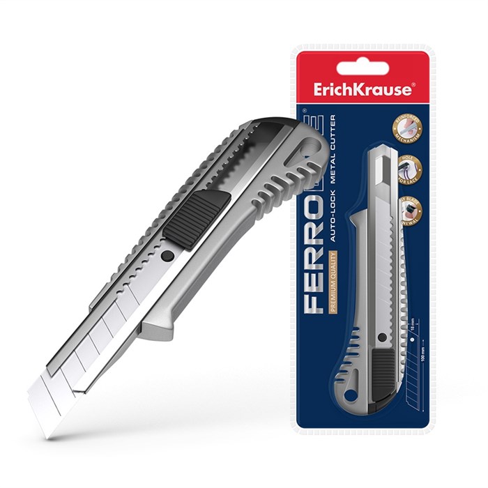 Нож канцелярский ErichKrause Ferro, с автоматической фиксацией лезвия, 18мм,  металлический (в пластиковом блистере по 1 шт.) - фото 454299