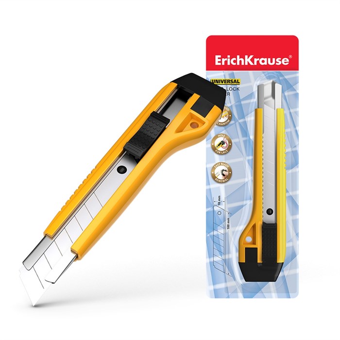 Нож канцелярский ErichKrause Universal, с автоматической фиксацией лезвия, 18мм, желтый (в блистере по 1 шт.) - фото 454317