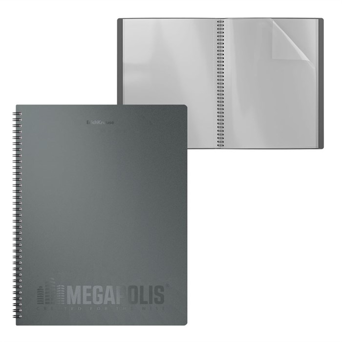 Папка файловая пластиковая на спирали ErichKrause MEGAPOLIS, c 40 карманами, A4, серый (в пакете по 4 шт.) - фото 455603