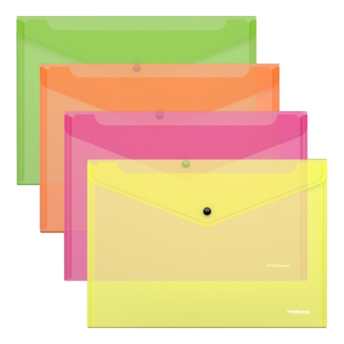 Папка-конверт на кнопке пластиковая ErichKrause Fizzy Neon, A4, полупрозрачный, ассорти (в пакете по 12 шт.) - фото 455797