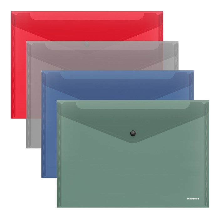 Папка-конверт на кнопке пластиковая ErichKrause Glossy Classic, A4, полупрозрачный, ассорти (в пакете по 12 шт.) - фото 455827