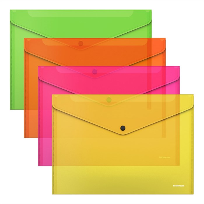 Папка-конверт на кнопке пластиковая ErichKrause Glossy Neon, A4, полупрозрачный, ассорти (в пакете по 12 шт.) - фото 455848