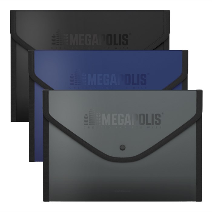 Папка-конверт на кнопке пластиковая ErichKrause MEGAPOLIS, обшитая, A4+, непрозрачный, ассорти (в пакете по 4 шт.) - фото 455991