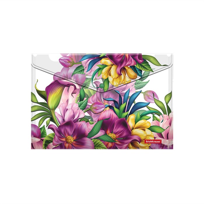 Папка-конверт на кнопке пластиковая ErichKrause® Tropical Flowers, A4 (в пакете по 12 шт.) - фото 456092
