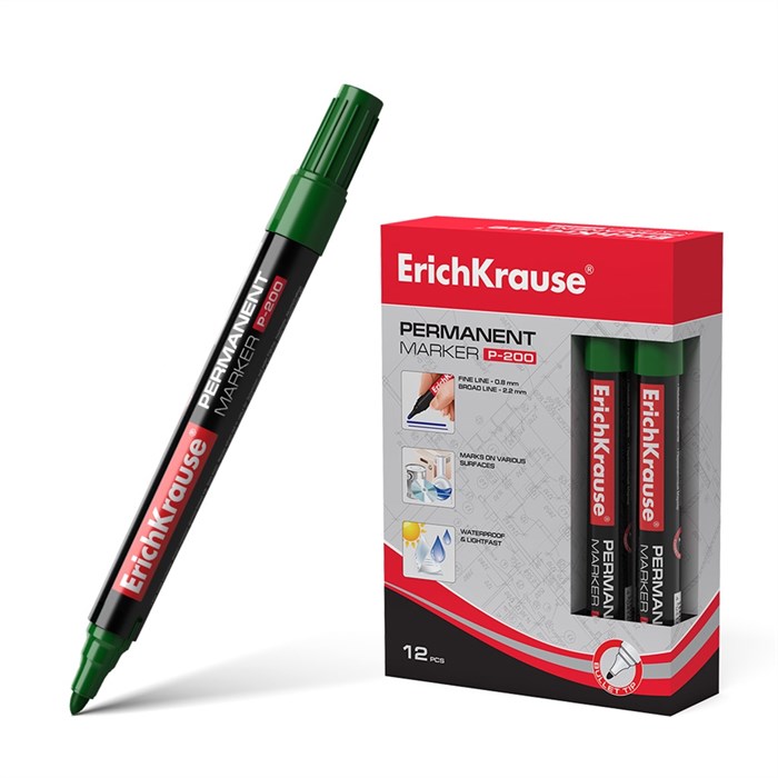 Перманентный маркер ErichKrause  P-200, цвет чернил зеленый (в коробке по 12 шт.) - фото 457881