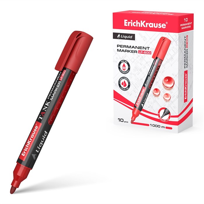 Перманентный маркер с жидкими чернилами ErichKrause Liquid LP-600, цвет чернил красный (в коробке по 10 шт.) - фото 457997