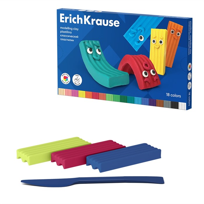 Пластилин классический ErichKrause Color Friends 18 цветов со стеком, 270 г (в коробке 18 шт) - фото 458178