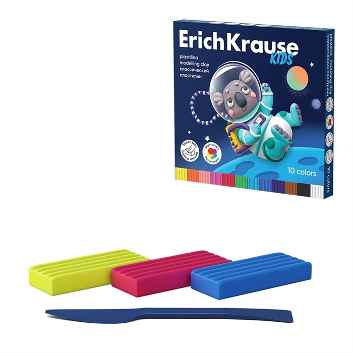 Пластилин классический ErichKrause Kids Space Animals 10 цветов со стеком, 180 г (в коробке 10 шт) - фото 458213