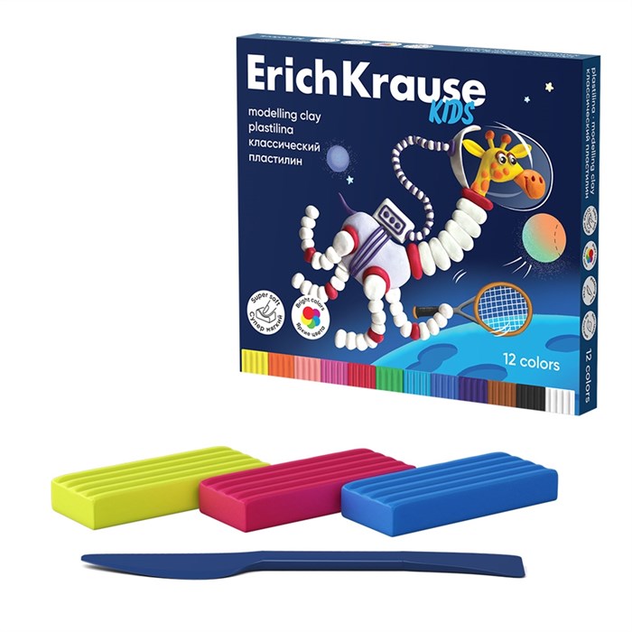 Пластилин классический ErichKrause Kids Space Animals 12 цветов со стеком, 216 г (в коробке 12 шт) - фото 458214