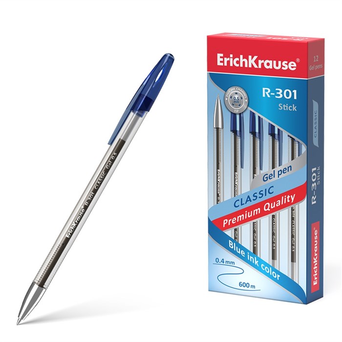 Ручка гелевая ErichKrause R-301 Gel Stick Classic 0.5, цвет чернил синий (в коробке по 12 штук) - фото 459930