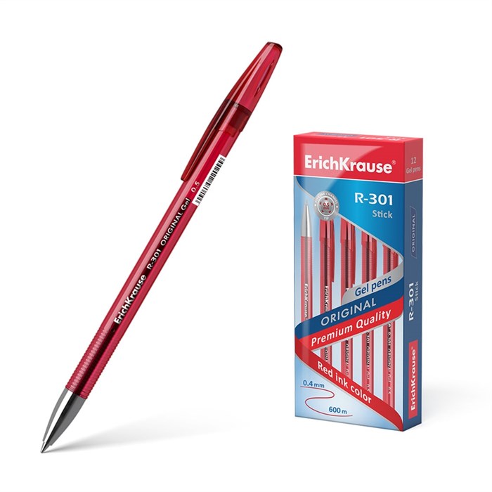 Ручка гелевая ErichKrause R-301 Gel Stick Original  0.5, цвет чернил красный (в коробке по 12 штук) - фото 459937