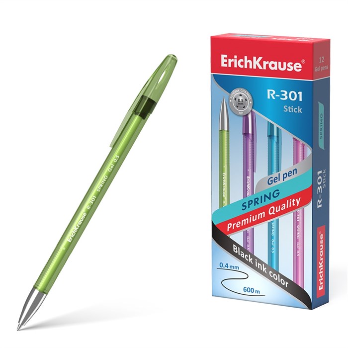 Ручка гелевая ErichKrause R-301 Gel Stick Spring 0.5, цвет чернил черный (в коробке по 12 штук) - фото 459957