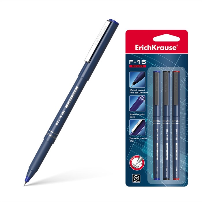 Ручка капиллярная ErichKrause F-15 Stick Classic, цвет чернил: синий, черный, красный (в блистере по 3 шт.) - фото 460040