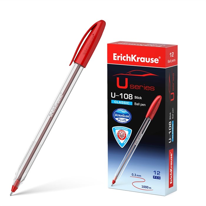 Ручка шариковая ErichKrause U-108 Stick Classic 1.0, Ultra Glide Technology, цвет чернил красный (в коробке по 12 шт.) - фото 460424