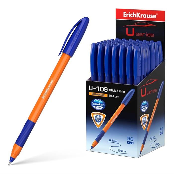 Ручка шариковая ErichKrause U-109 Stick&Grip Orange 1.0, Ultra Glide Technology, цвет чернил синий (в коробке по 50 шт.) - фото 460548