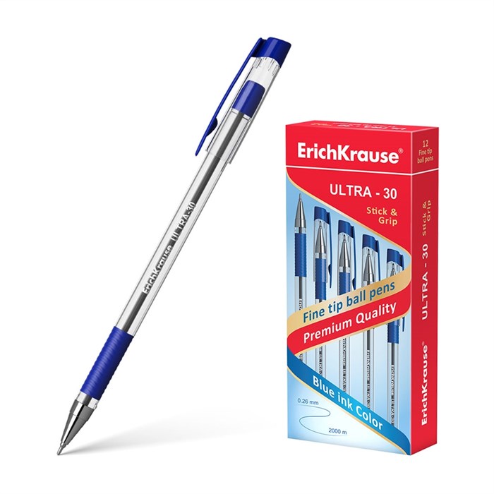 Ручка шариковая ErichKrause ULTRA-30 Stick&Grip Classic 0.7, Super Glide Technology, цвет чернил синий (в коробке по 12 шт.) - фото 460604