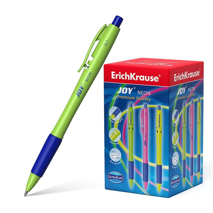 Ручка шариковая автоматическая ErichKrause JOY® Matic&Grip Neon 0.7, Super Glide Technology, цвет  чернил синий (в коробке по 50 шт.) - фото 460756