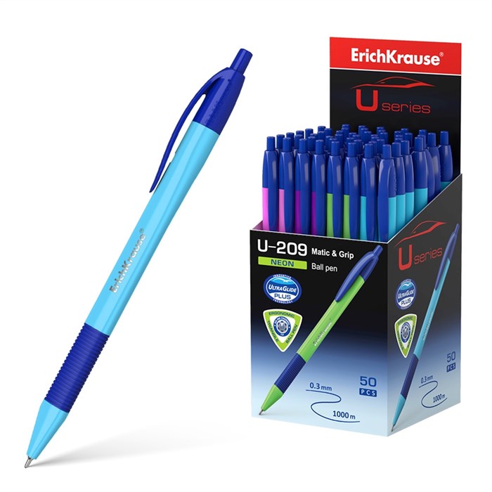 Ручка шариковая автоматическая ErichKrause U-209 Matic&Grip Neon 1.0, Ultra Glide Technology, цвет чернил синий (в коробке по 50 шт.) - фото 460965