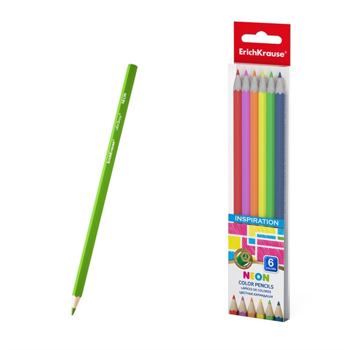 Цветные карандаши деревянные ErichKrause Inspiration Neon шестигранные, грифель 3 мм, 6 цветов (в ПЭТ-боксе 6 шт) - фото 475799