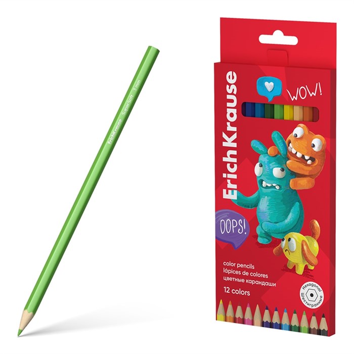 Цветные карандаши деревянные ErichKrause Jolly Friends шестигранные, грифель 3 мм, 12 цветов (в коробке с европодвесом 12 шт) - фото 475801