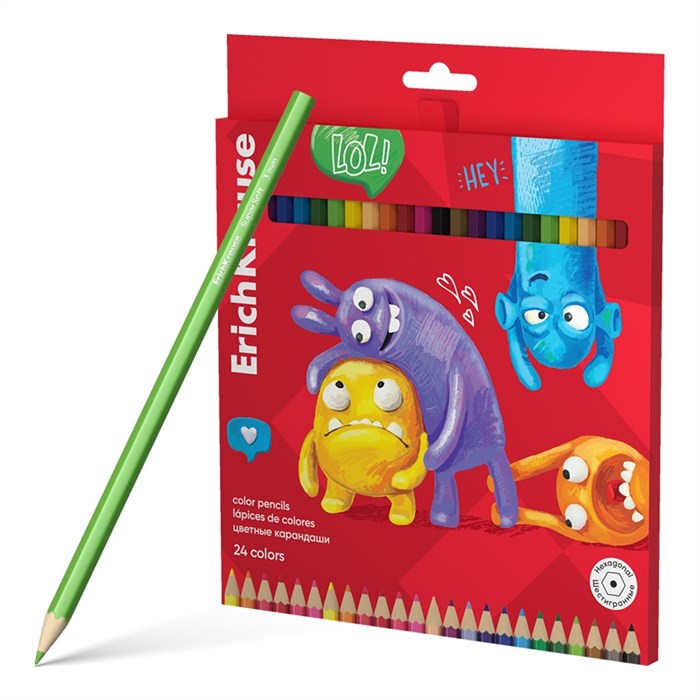 Цветные карандаши деревянные ErichKrause Jolly Friends шестигранные, грифель 3 мм, 24 цвета (в коробке с европодвесом 24 шт) - фото 475803